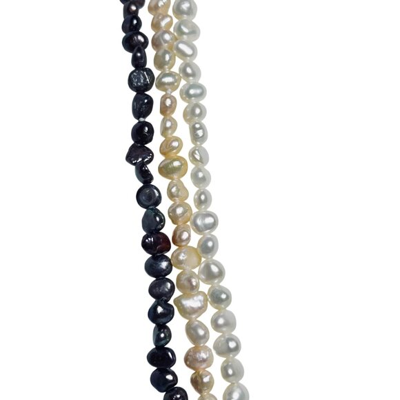 Set Of 3 Freshwater Pearl Necklaces White Cream & Black W/Sterling Clamp (5881) - Picture 2 of 7